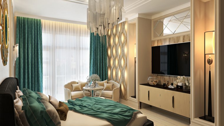 Бирюзовые шторы в гостиной