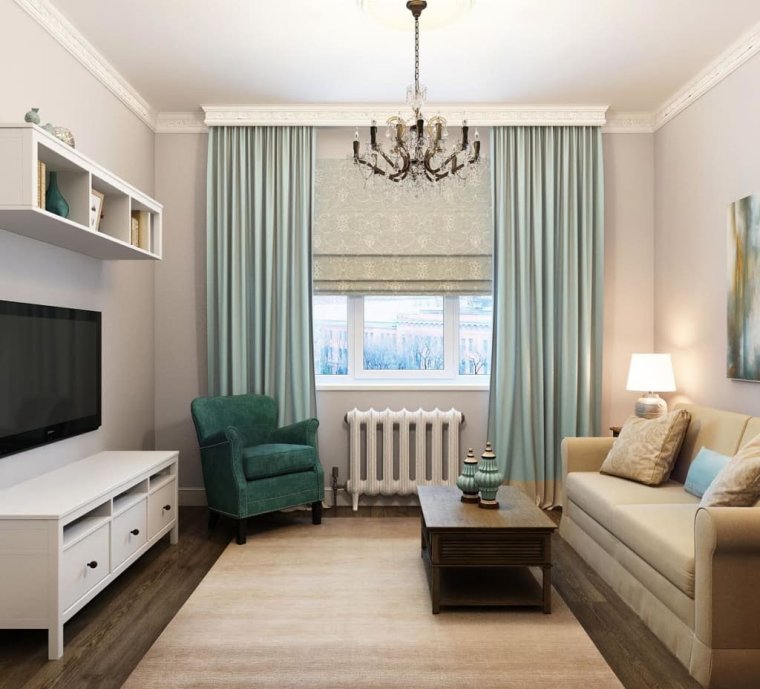 Бирюзовые шторы в маленькой гостиной