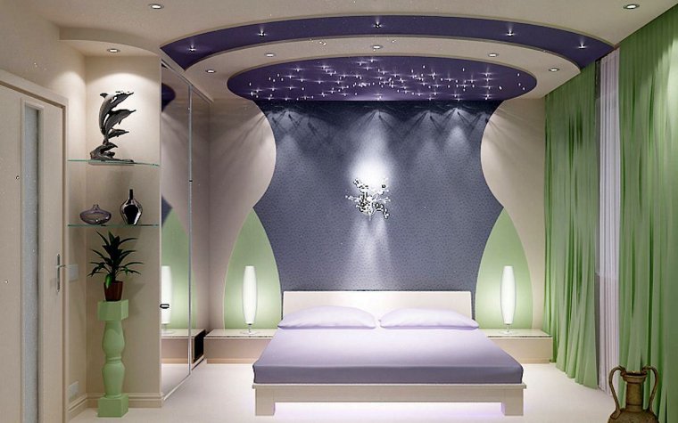 Фигурный потолок из гипсокартона для спальни