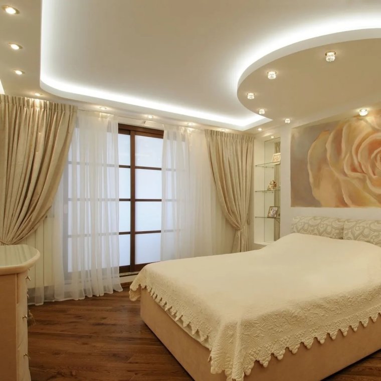 Круглый потолок из гипсокартона в спальне