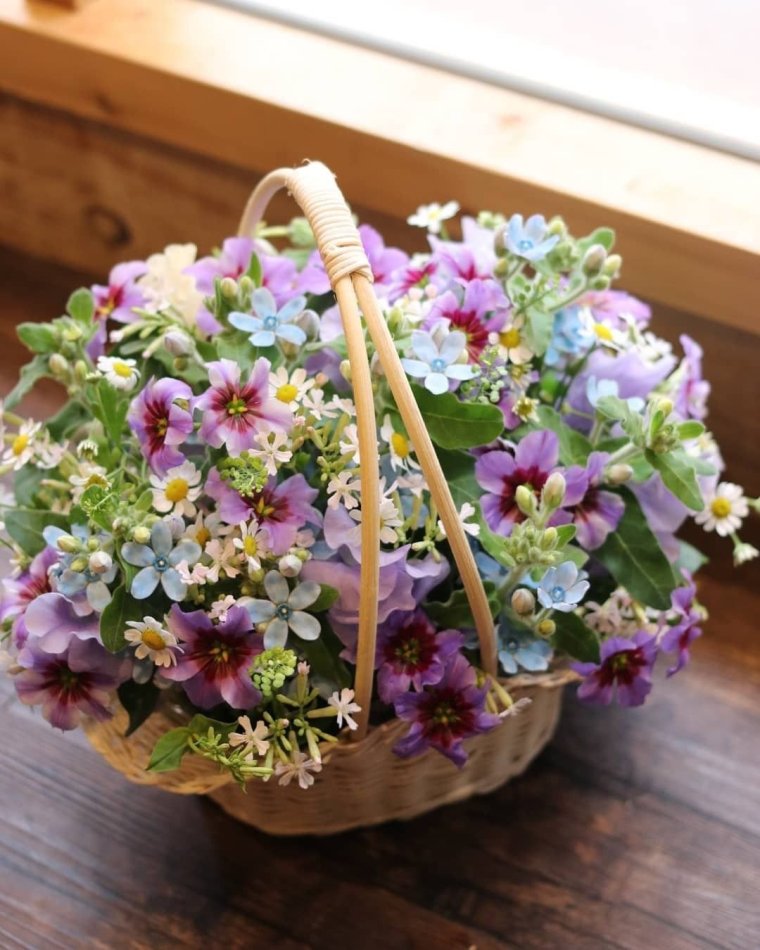 Композиции с фиалками в корзине