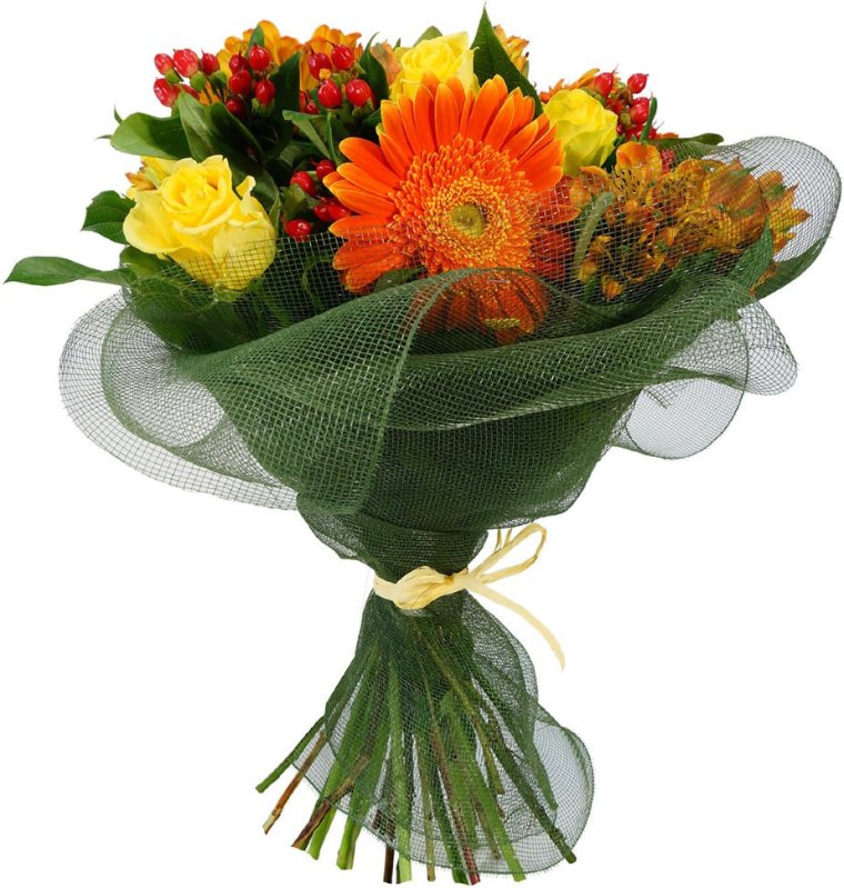 Упаковать букет в сетку