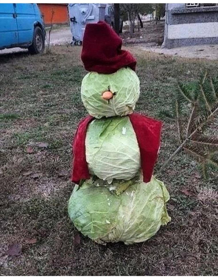 Снеговик из капусты на улице