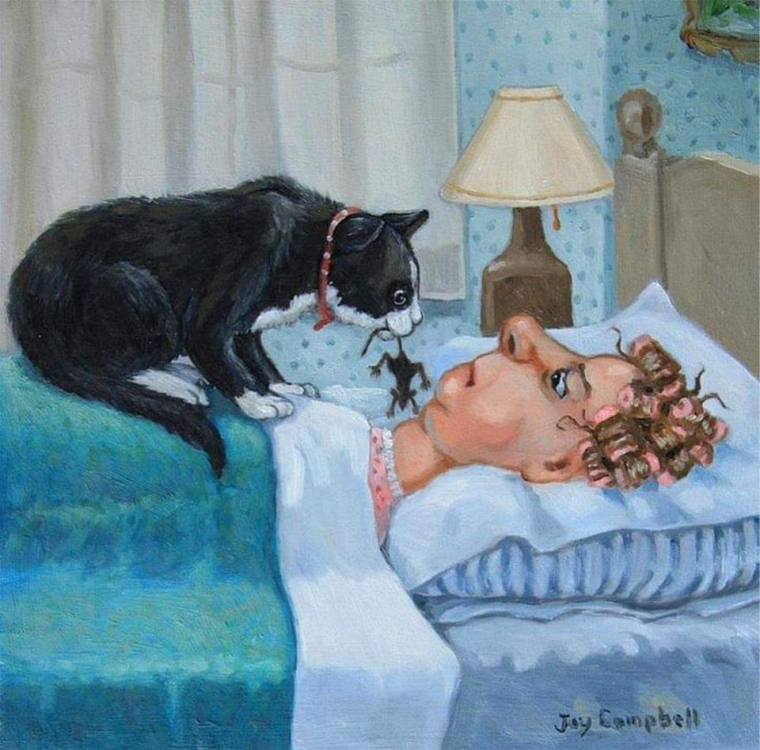 Зверь в постели. Джой Кэмпбелл (Joy Campbell). Забавные картины. Кот и хозяйка. Завтрак в постель смешной.
