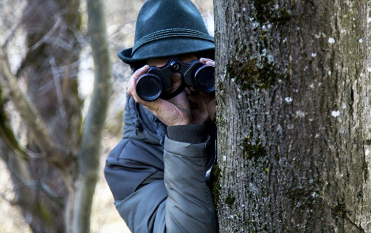 Следит в бинокль