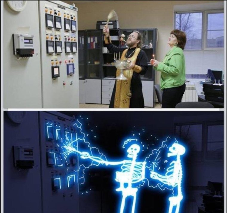 Батюшка освящает электрощит