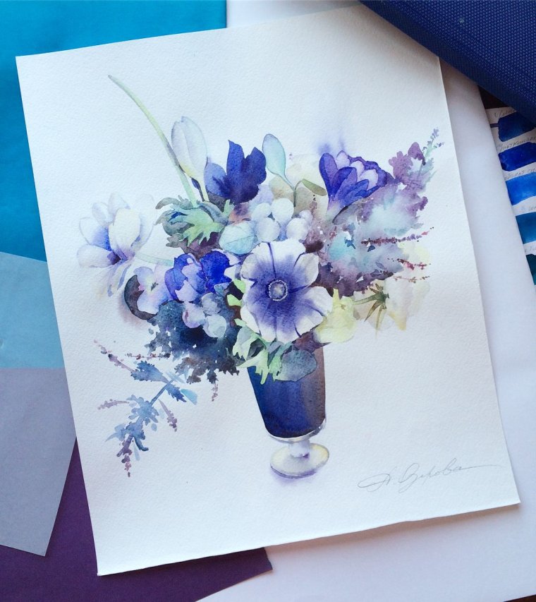 Открытка в синем цвете акварель