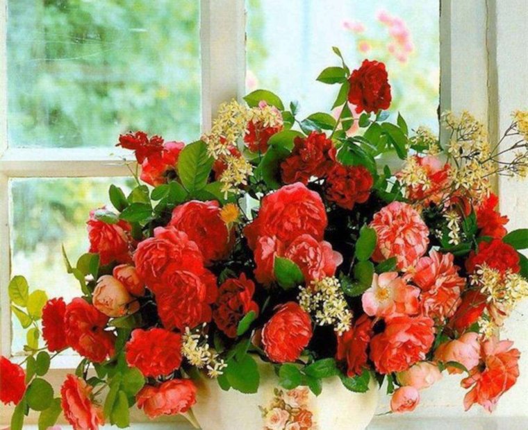 Красивые цветы в вазе на окне