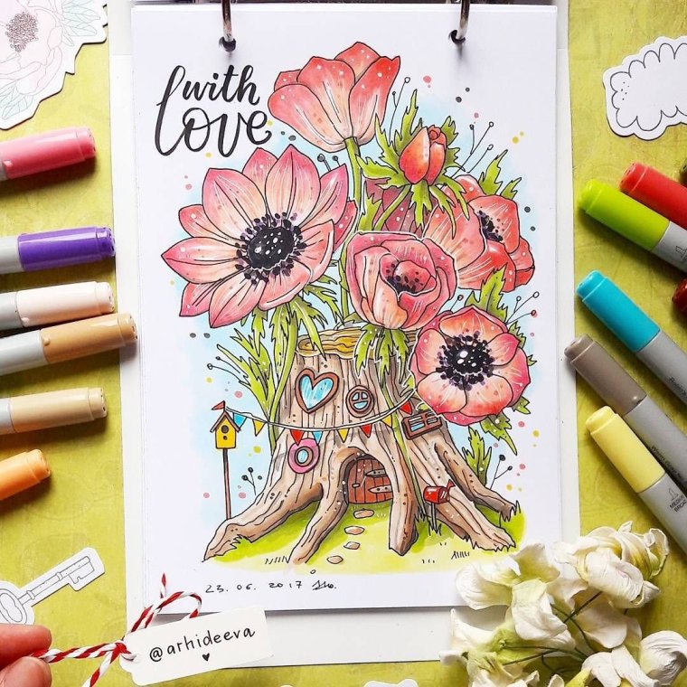 Цветы маркерами для скетчинга