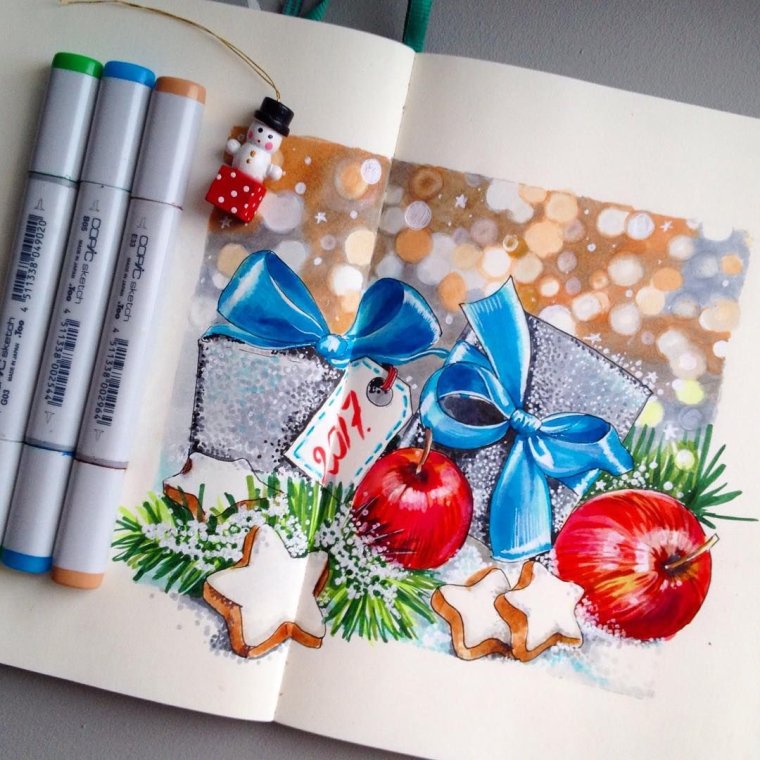 Рождественские скетчи маркерами