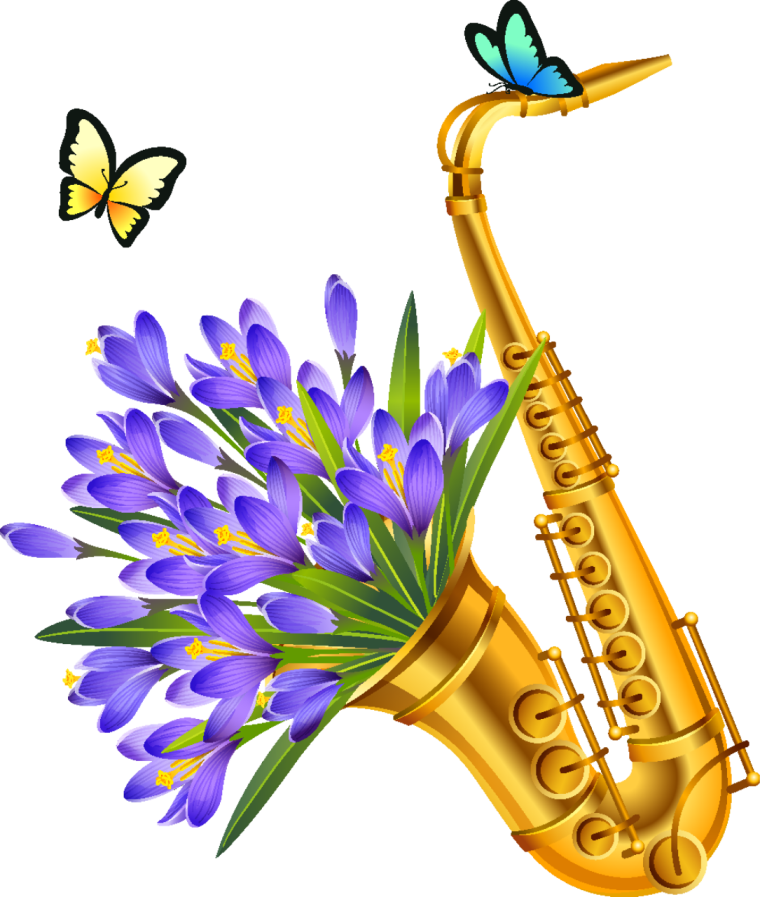 Музыкальные инструменты и цветы. Духовые инструменты и цветы. Весенний клипарт на прозрачном фоне. Музыкальный букет цветов.