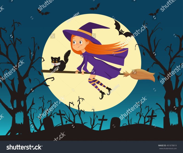 Ведьмочка с кошкой на метле