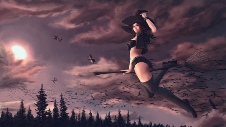 Красивая ведьма на метле