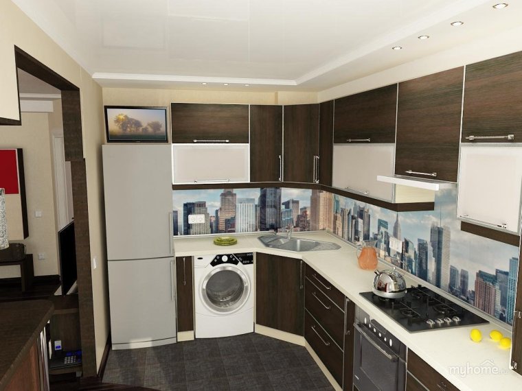 Угловая кухня со стиральной машиной и холодильником