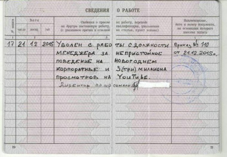 Смешные записи в трудовой книжке