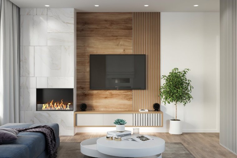 Телевизионная зона с камином в стиле Минимализм