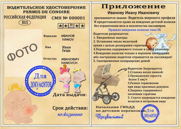 Шуточные права на вождение коляски