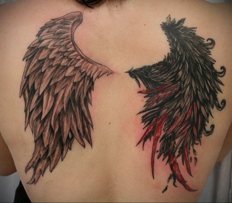 Тату Крылья на спине ангел и демон
