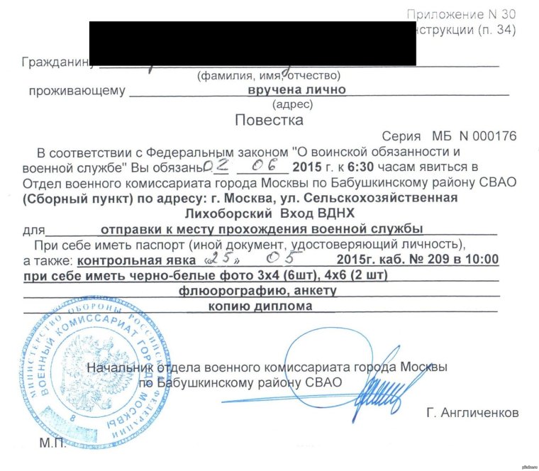 Повестка в военкомат