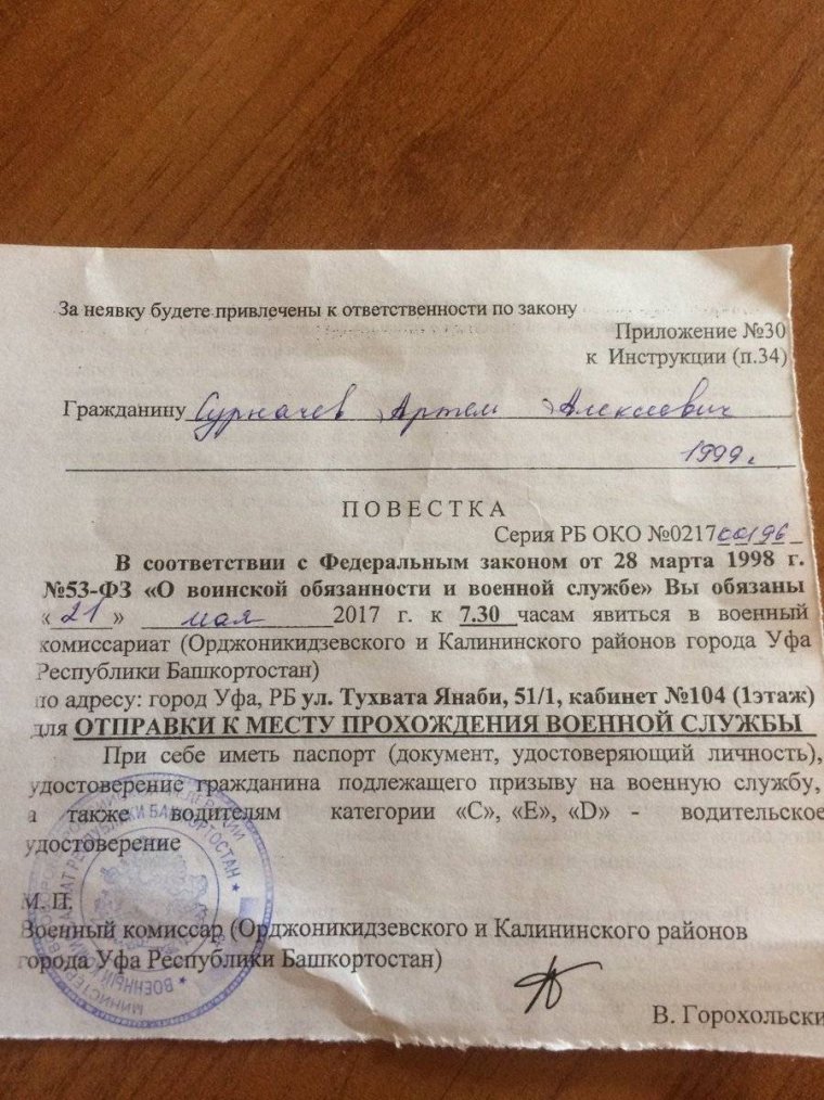 Повестка в военкомат