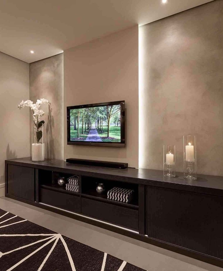 Гостиная с подвесной тумбой под ТВ