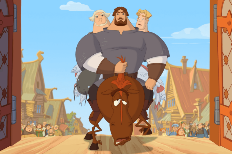 Три богатыря из мультика на белом фоне