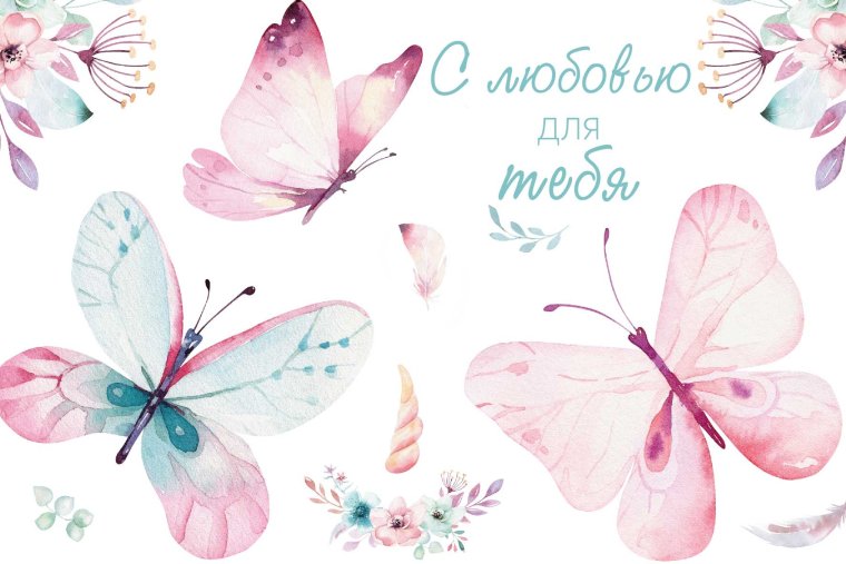 Цветы с бабочками акварелью на белом фоне