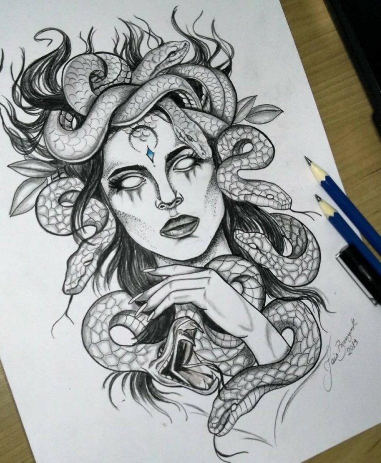 Медуза Горгона рисунок линиями