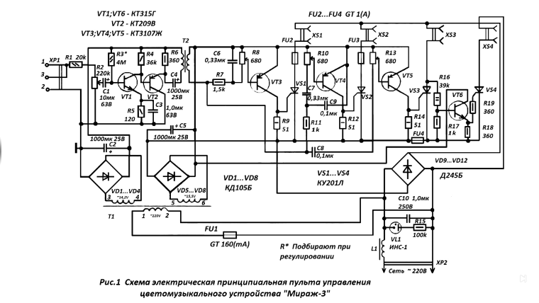 Цветомузыкальное устройство Мираж-3 схема