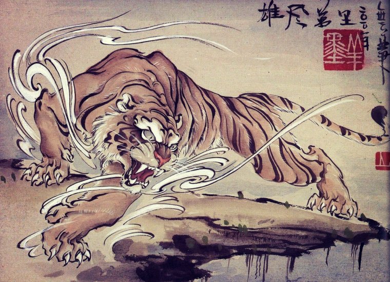 Дракон и тигр в Японии японская гравюра