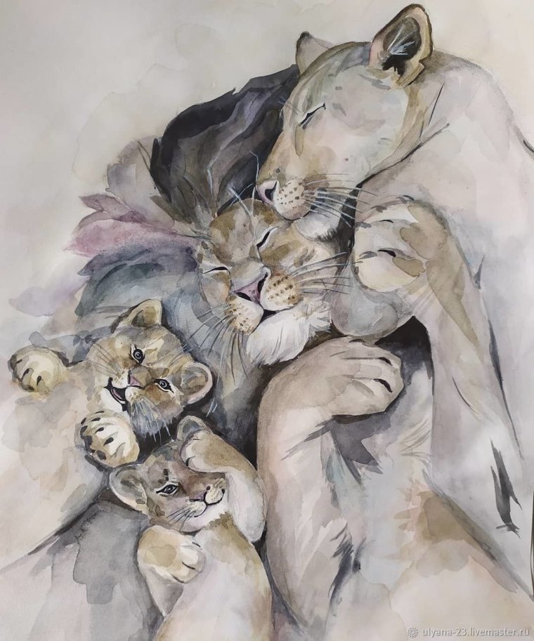 Львы семья акварель